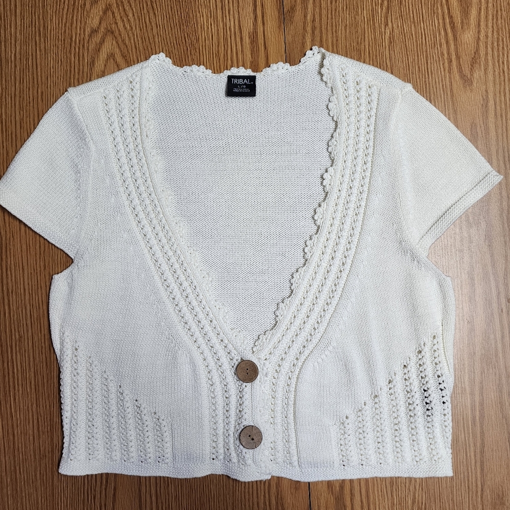 TRIBAL Crochet Knit Cropped  Cardigan Sweater Ivory Sz L